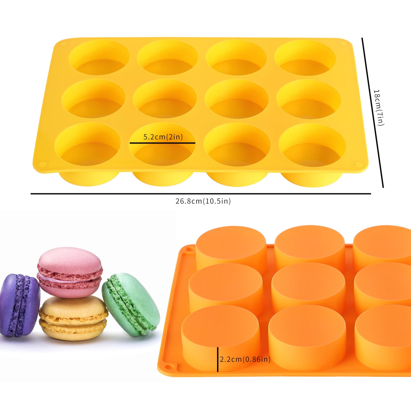 2 Pcs Oreo Chocolate Cookie Silicone Molds, 12-Cavity Round Silicone Mold, Baking Mold for Oreo, Chocolate, Cookie, Candy, Mini Cake, Jelly (Orange + Yellow)