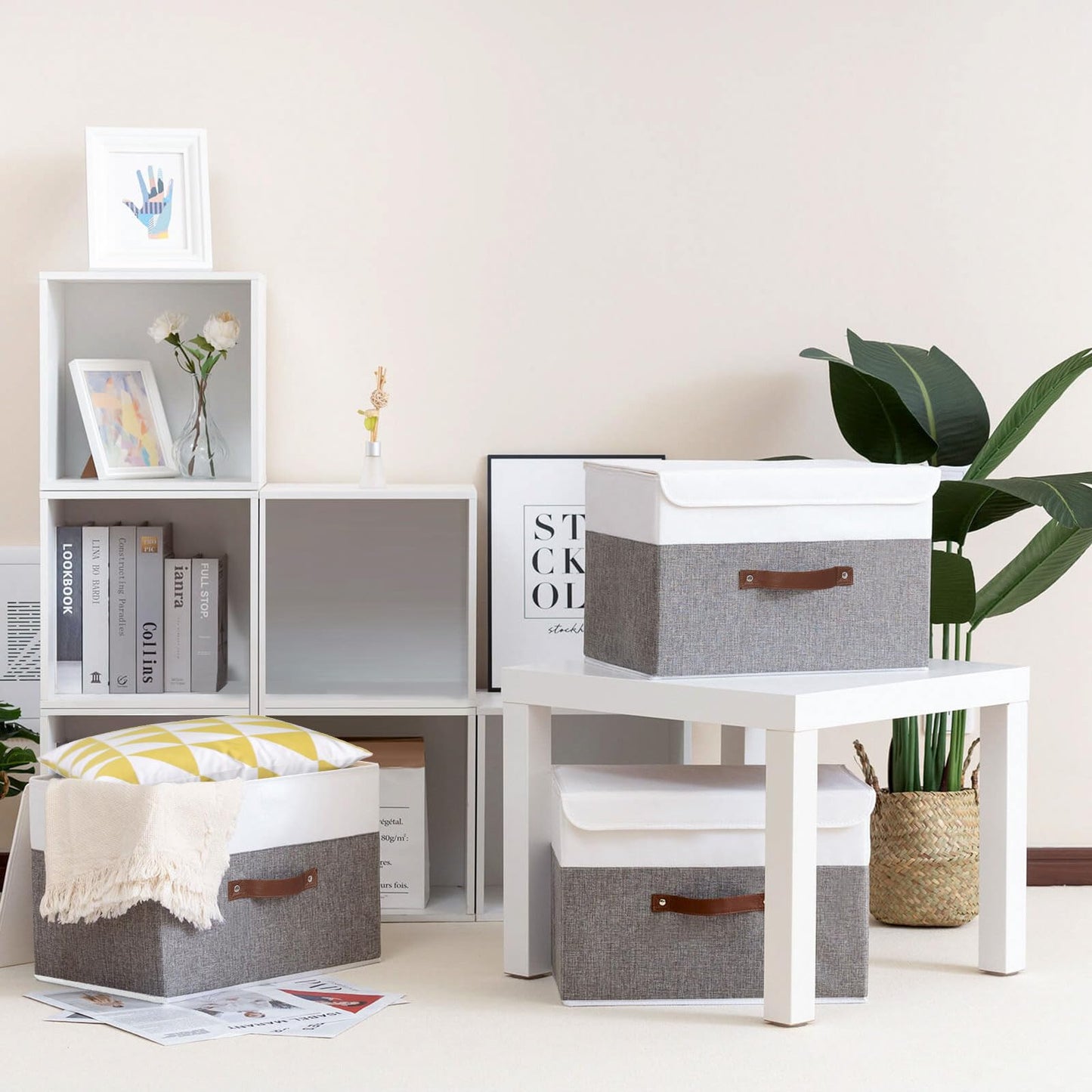 Collapsible Storage Bin, Cube Organizer Basket, Fabric Box with Lids, Washable and Leather Handle, for Home, Closet, White/Grey, 13.0''Lx9.0''Wx7.9''H, 1-Pack, SNK024WGS-1