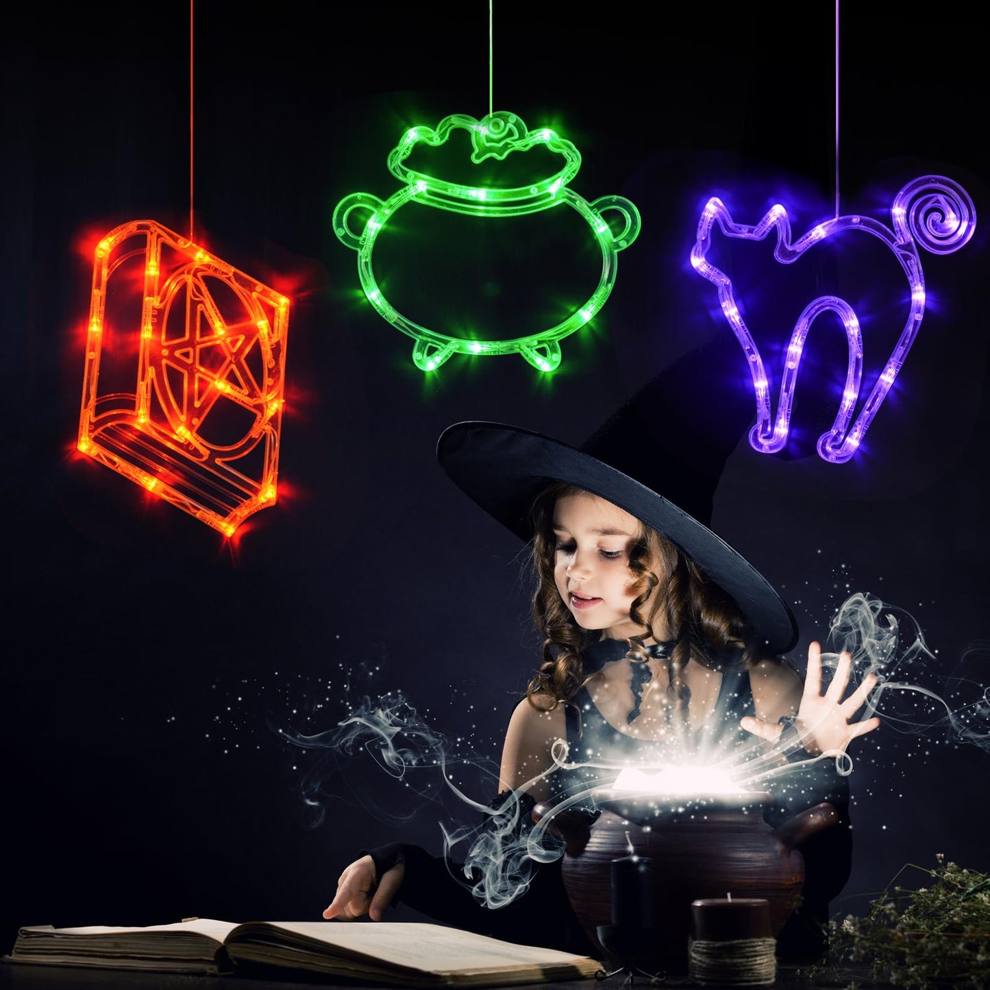 LOLStar Halloween Lights, 3 Packs Spellbook, Cat and Cauldron Halloween Lights with Suction Cup, Upgrade Timer and Slowly Fade Mode Battery Operated Indoor Lights for Halloween Window Decoration