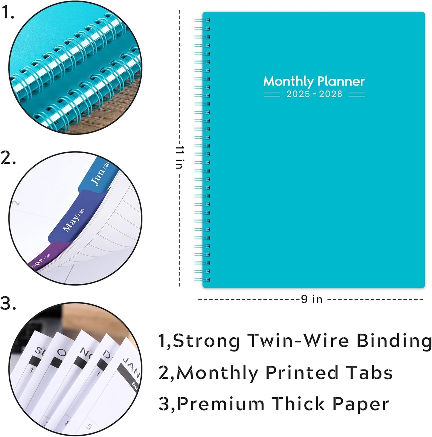 2025-2028 Monthly Planner/Calendar - 3 Year Monthly Planner 2025-2028, Jul.2025 - Jun.2028, 9" x 11", 36-Month Calendar + Colorful Tabs + Pocket - Teal