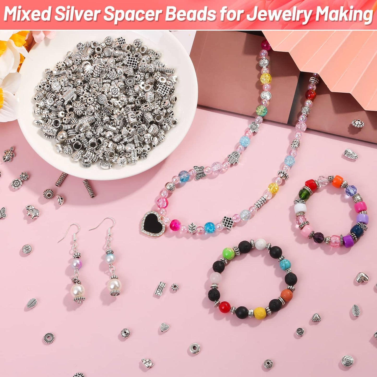 500 Pcs Bracelet Spacer Beads, Silver Bulk Random Styles Loose Spacer Metal Charm for Necklace, Earring Making DIY Jewelry Accessories