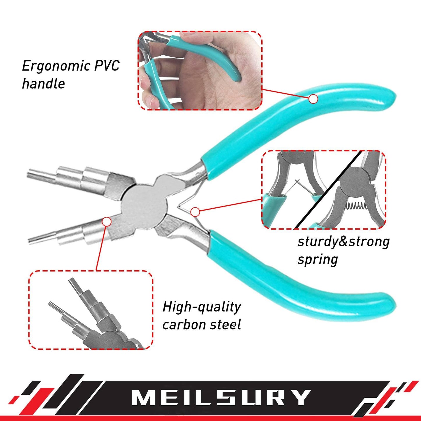 MeilsurY 3-Piece jewelry pliers set includes a 6-in-1 bail making looping pliers, nylon jaw pliers, and Wire Looping and Bending plier tools for crafting, beading, and repairing