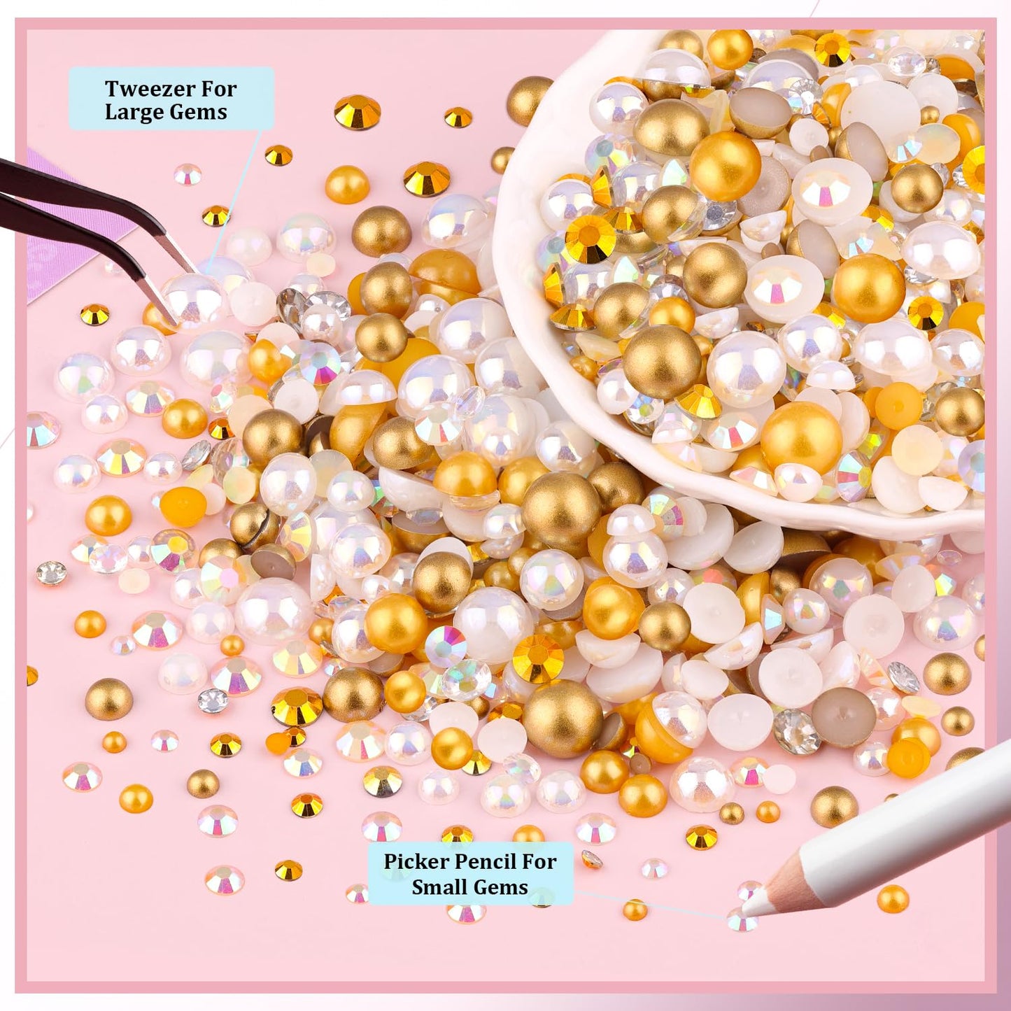 80g Flatback Pearls and Rhinestones for Crafting, White Brown Mixed Size 3-10mm Resin Rhinestones and Half Pearls for Bedazzling, Nail Art and Decoration with Tweezer and Pickup Pencil