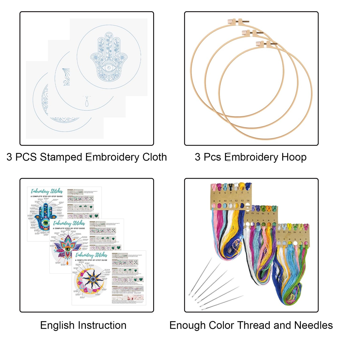 Louise Maelys 3 Set Tarot Evil Eye Embroidery Kits for Beginners,Adults Starter Cross Stitch Kit DIY Needlepoint with Hamsa Hand Sun Moon louts Flower Pattern