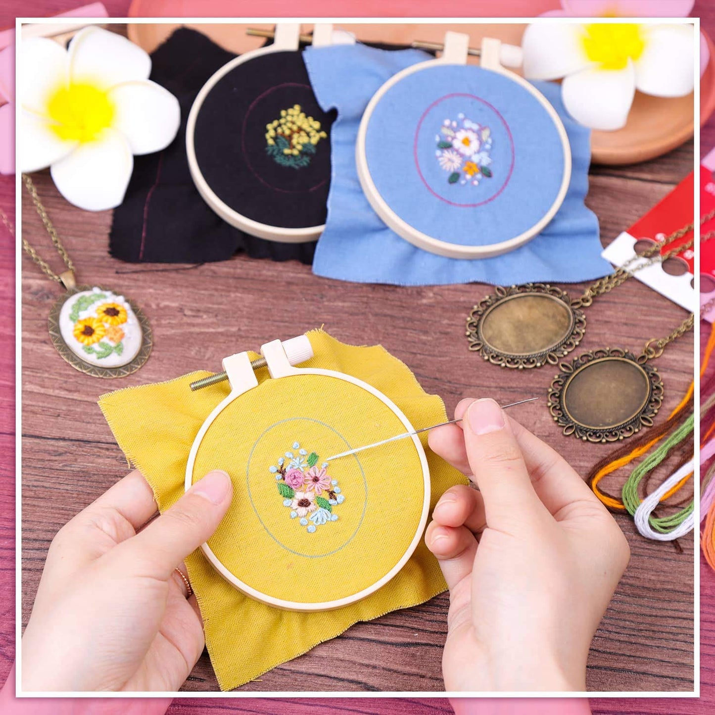 Embroidery Starter Kit - Beginner Friendly with Cross Stitch Patterns, Floral Embroidery Cloth, Pendant Trays & Hoops