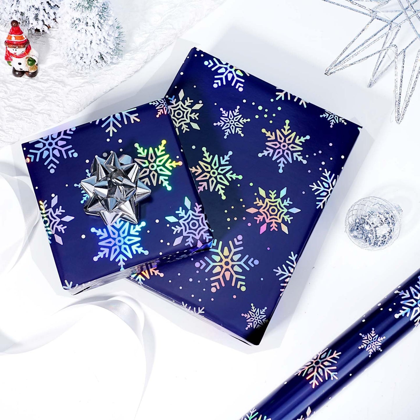 Navy Blue Christmas Wrapping Paper Roll, 17 Inch x 33 Feet, Holographic Foil Snowflake Design with Cutting Grid, Holiday Gift Wrap for Winter Birthday & Seasonal Party Decoration