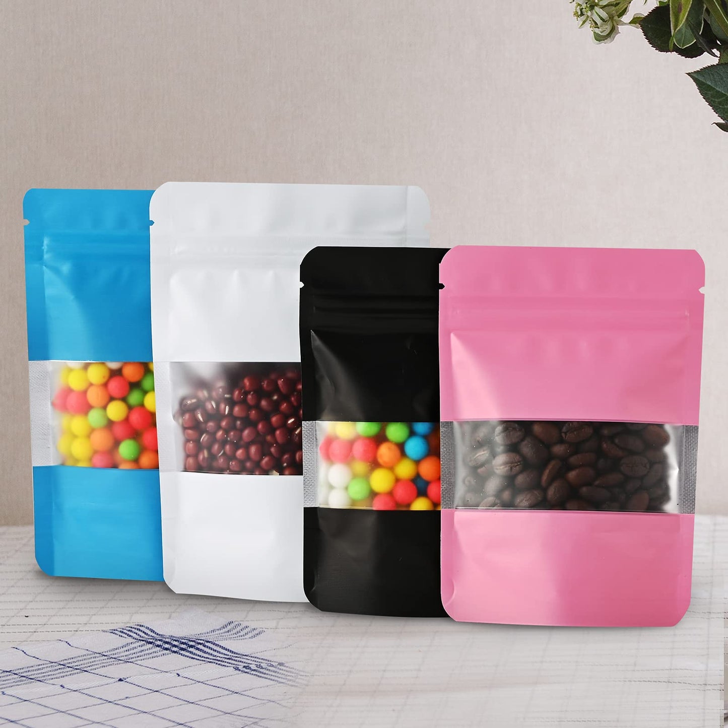 100 Pieces Smell Proof Mylar Bags, Resealable Food Storage Bags with Clear Window, Foil Pouch Stand-up Bags for Food Self Sealing Storage Supplies (Black, 3.5 x 5 Inch)