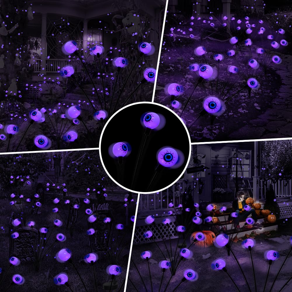 2PACK Scary Eyeballs Solar Garden Light Halloween Decorations Outdoor,Swaying Firefly with 12LED Purple Spooky Eyes Lights-Waterproof Ornaments Solar Halloween Lights for Lawn, Patio, Party Decor