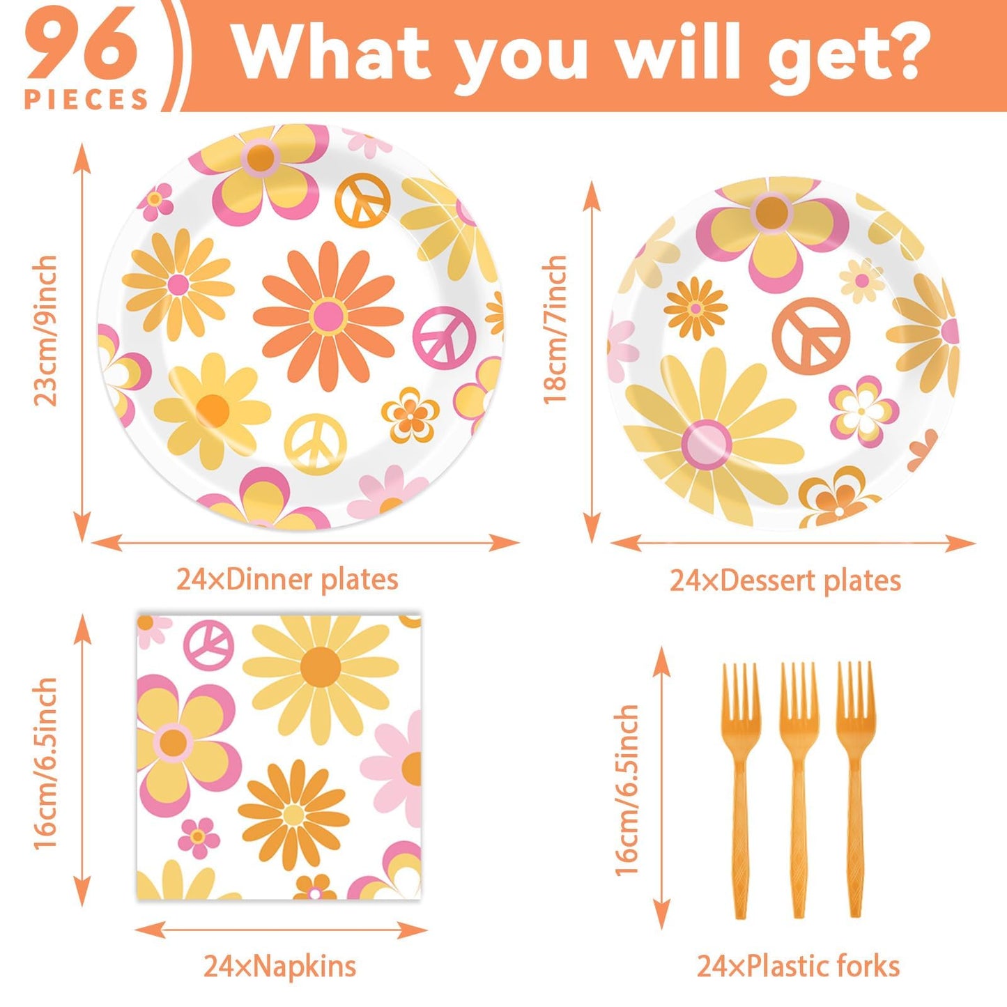 96 Pcs Groovy Party Supplies for 24 Guests Retro Hippie Boho Tableware Plates Napkins Daisy Flower Birthday Dinnerware Table Decorations Retro Hippie Daisy Party Favor for Kitchen Dinning Home Decor