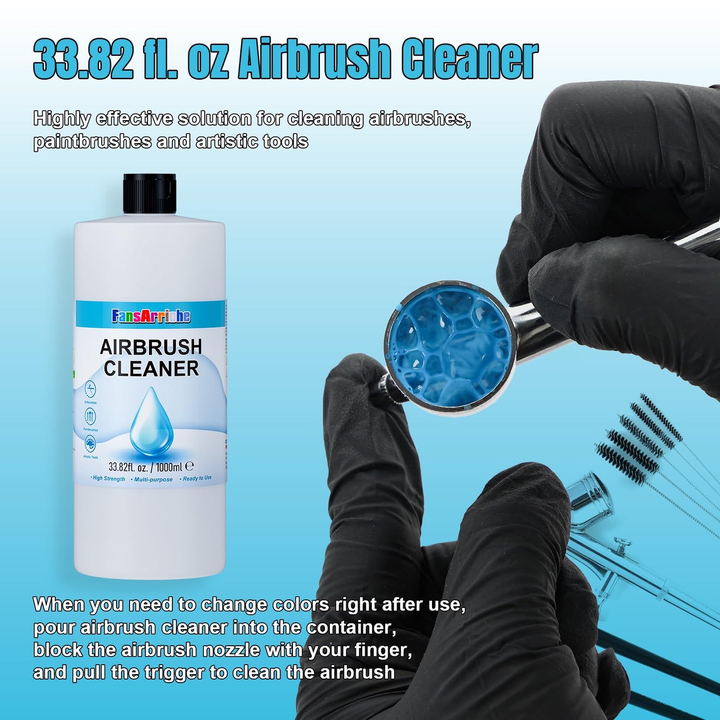 Airbrush Cleaner, 33.82 Oz Air Brush Cleaning Solution for Water-Based Acrylic Color Paints, Quickly Clean Clogged Airbrushes, Paint Brushes, Art Tools