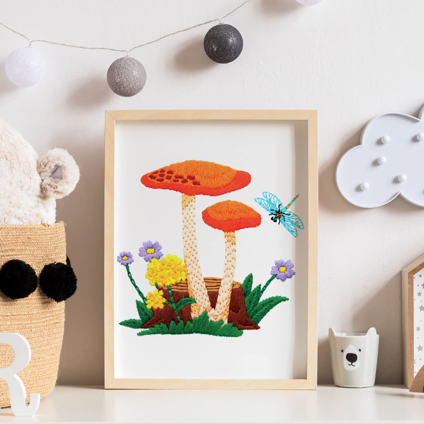 5 Sets Mushroom Embroidery Kit for Beginners with Pattern and Instructions Include Embroidery Cloth Hoops Threads for Craft Lover Hand Stitch DIY Adult Hand Needlepoint