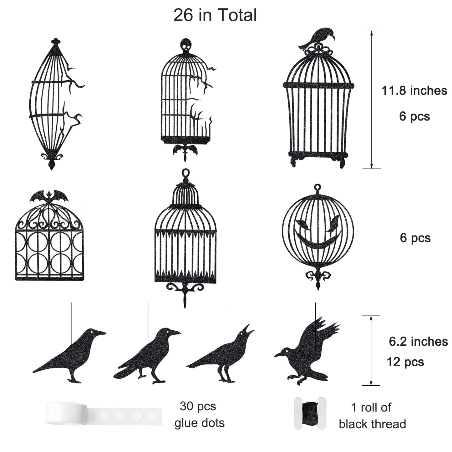 Cheerland Black Crow & Cage Garland for Gothic Glitter Halloween Sticker Decals Tree Hanging Decorations Raven Bird and Cage Banner Garland Backdrop for Horror Theme Birthday Party Supplies