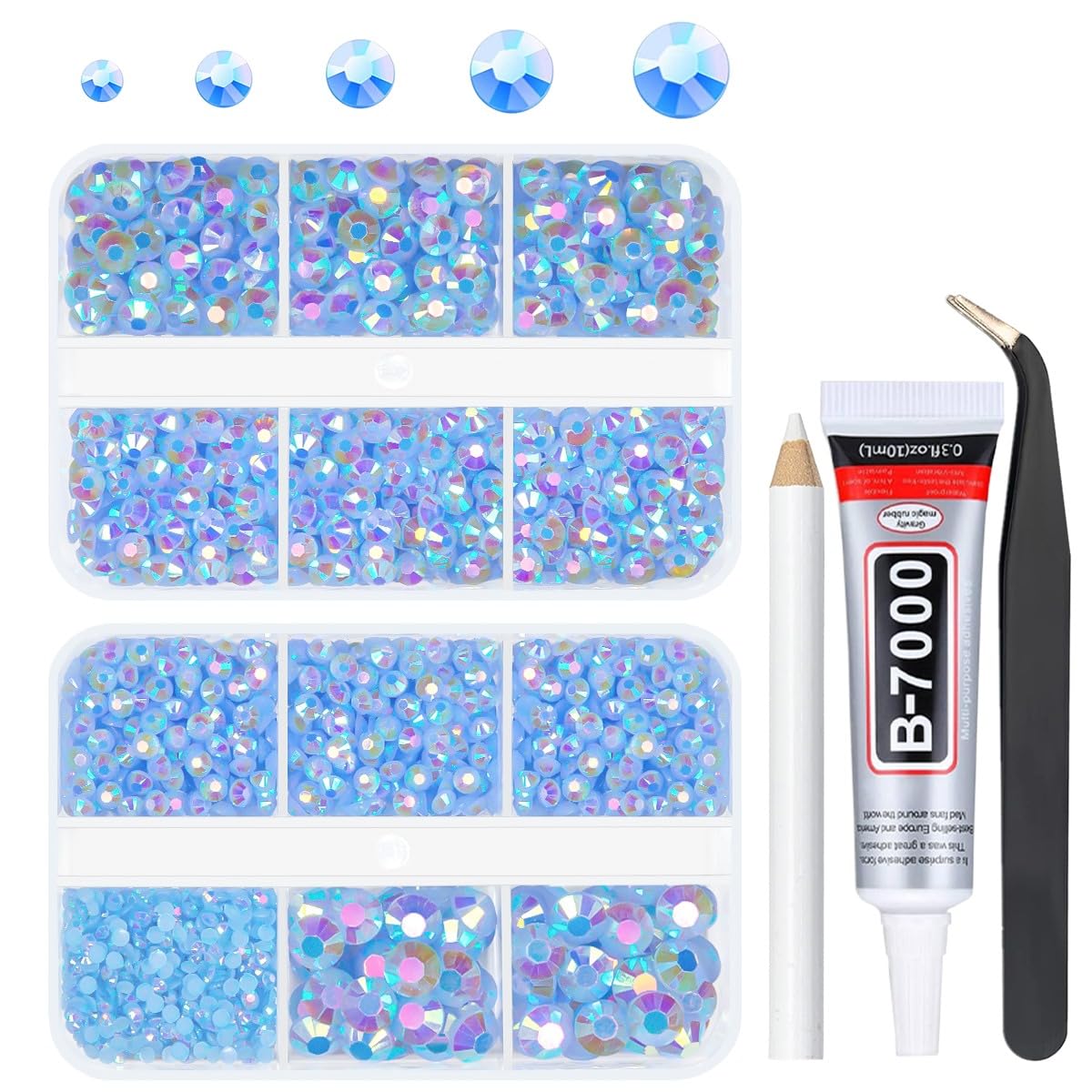 qiipii Light Blue AB Resin Rhinestones for Crafting 2mm 3mm 4mm 5mm 6mm Flatback Baby Blue Jelly Stones Diamonds Crystals Gems for Face Eyes Makeup Tumblers Bottles DIY Crafts Clothes Shoes Phones Car