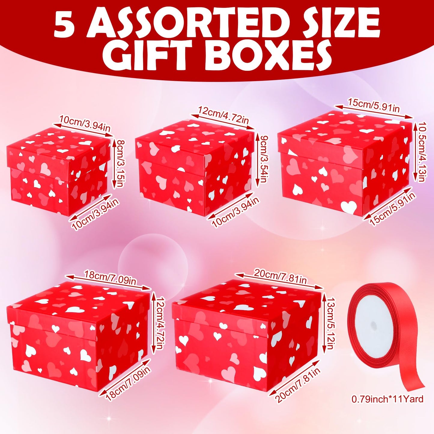 5 Pcs Valentine's Day Gift Boxes Christmas Square Nesting Boxes with Lids Square Box 5 Assorted Sizes Stackable Gift Box for Valentine's Day Christmas Wedding Party Present Packaging
