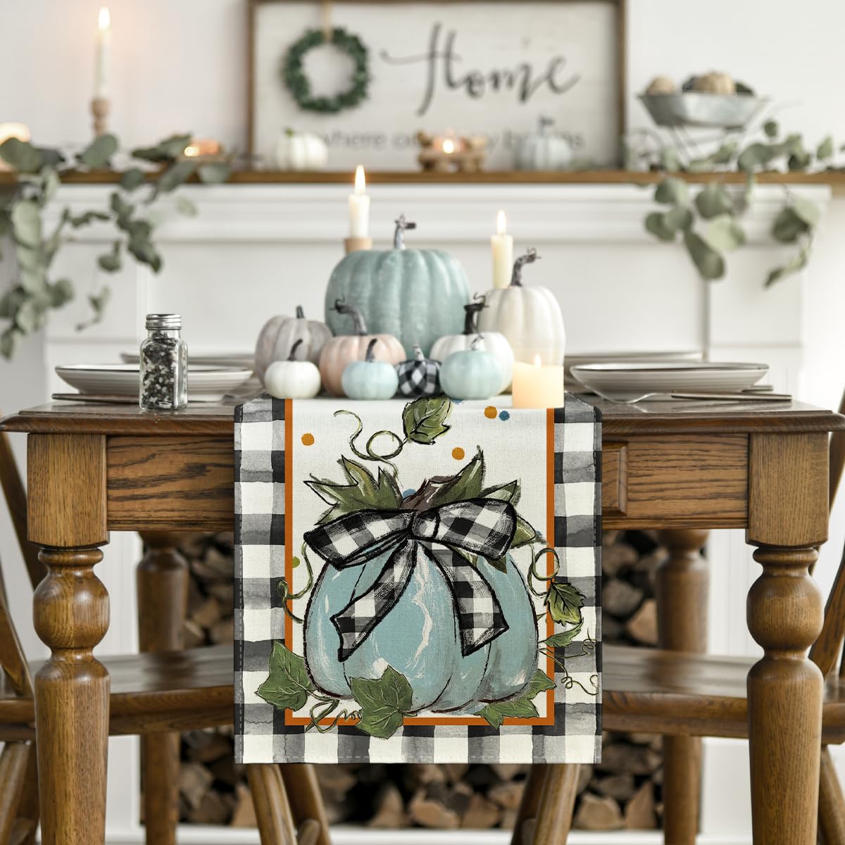 Artoid Mode Blue Pumpkin Bowknot Buffalo Plaid Fall Table Runner,Seasonal Autumn Kitchen Dining Table Decoration for Home Party Decor 13x72 Inch