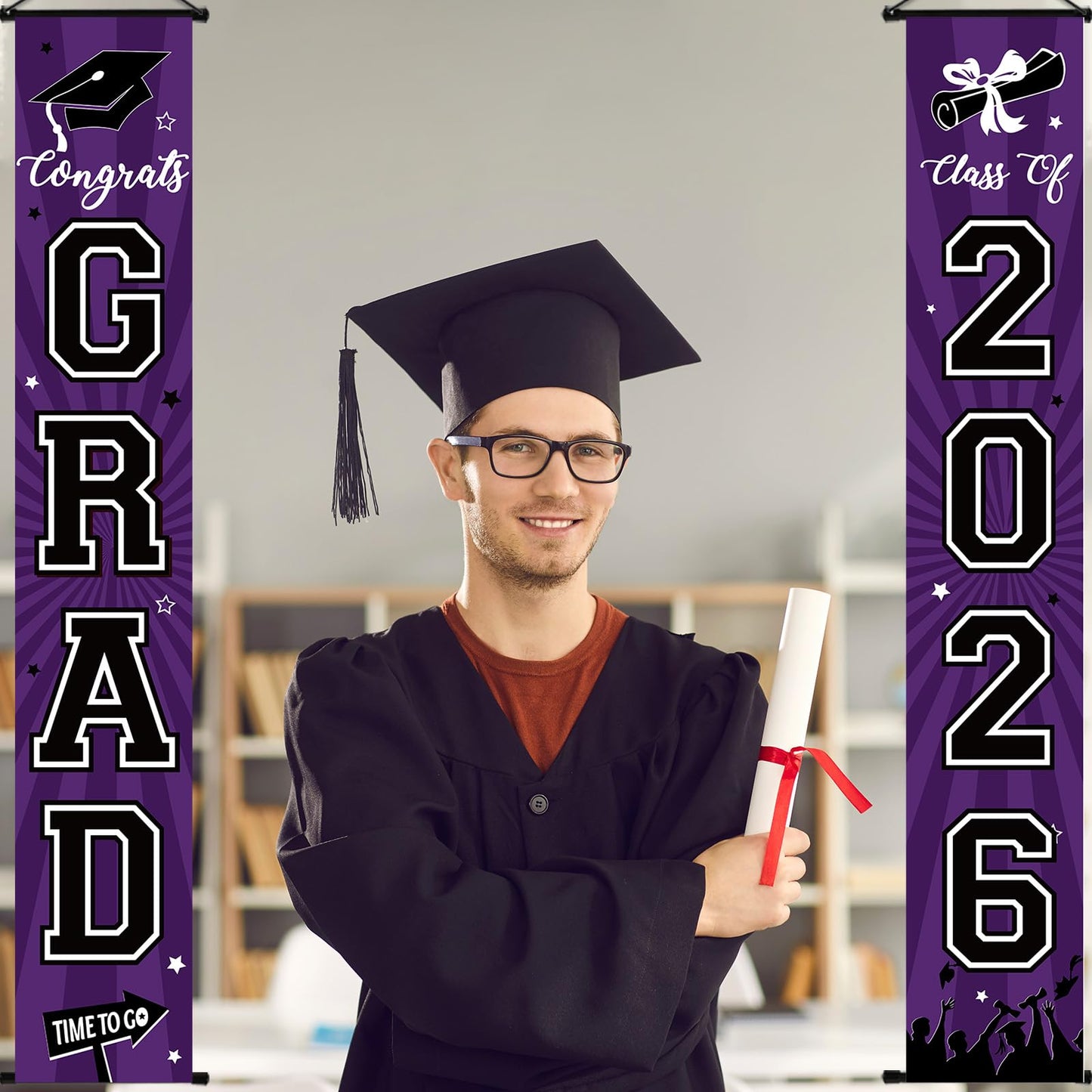 Graduation Banner 2026 Graduation Decorations Purple and Black Grad Banner Porch Sign Class of 2026 Door Decor Congrats Hanging Backdrop Purple Grad Party Decor for School Congratulations Supplies