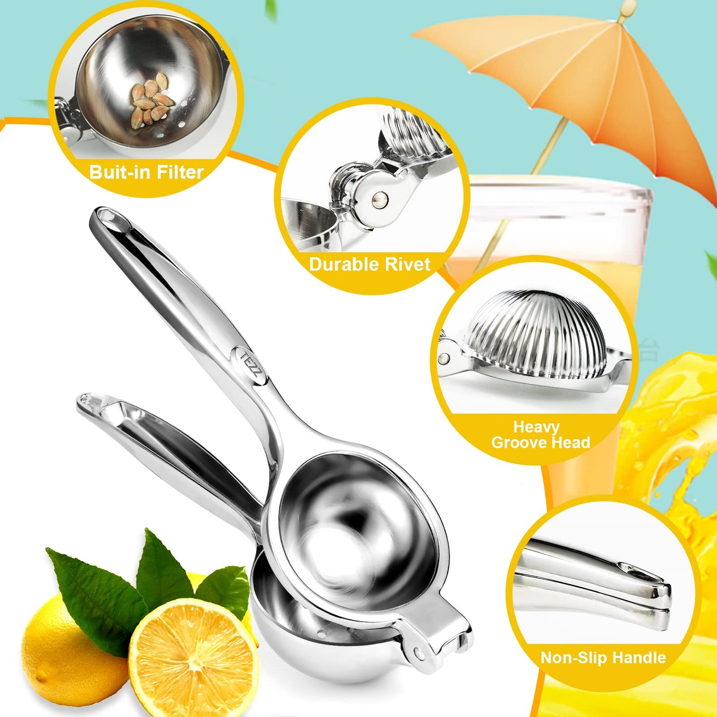 TEZZ Premium Lemon Squeezer, Large Heavy Duty Handhelp Juicer for Lemon, Stainless Steel Hand Press Citrus Juicer, Lime Squeezer Bar Tool, Manual Citrus Press