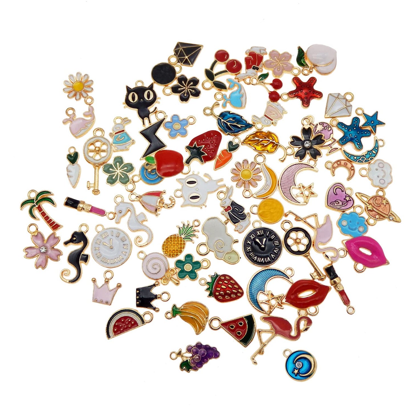 60pcs(30PAIRS) Assorted Gold Plated Enamel Moon Star Animals Dainty Dangle Fruit Flowers Pendants Charms for Earrings Jewelry Making Necklace Bracelet