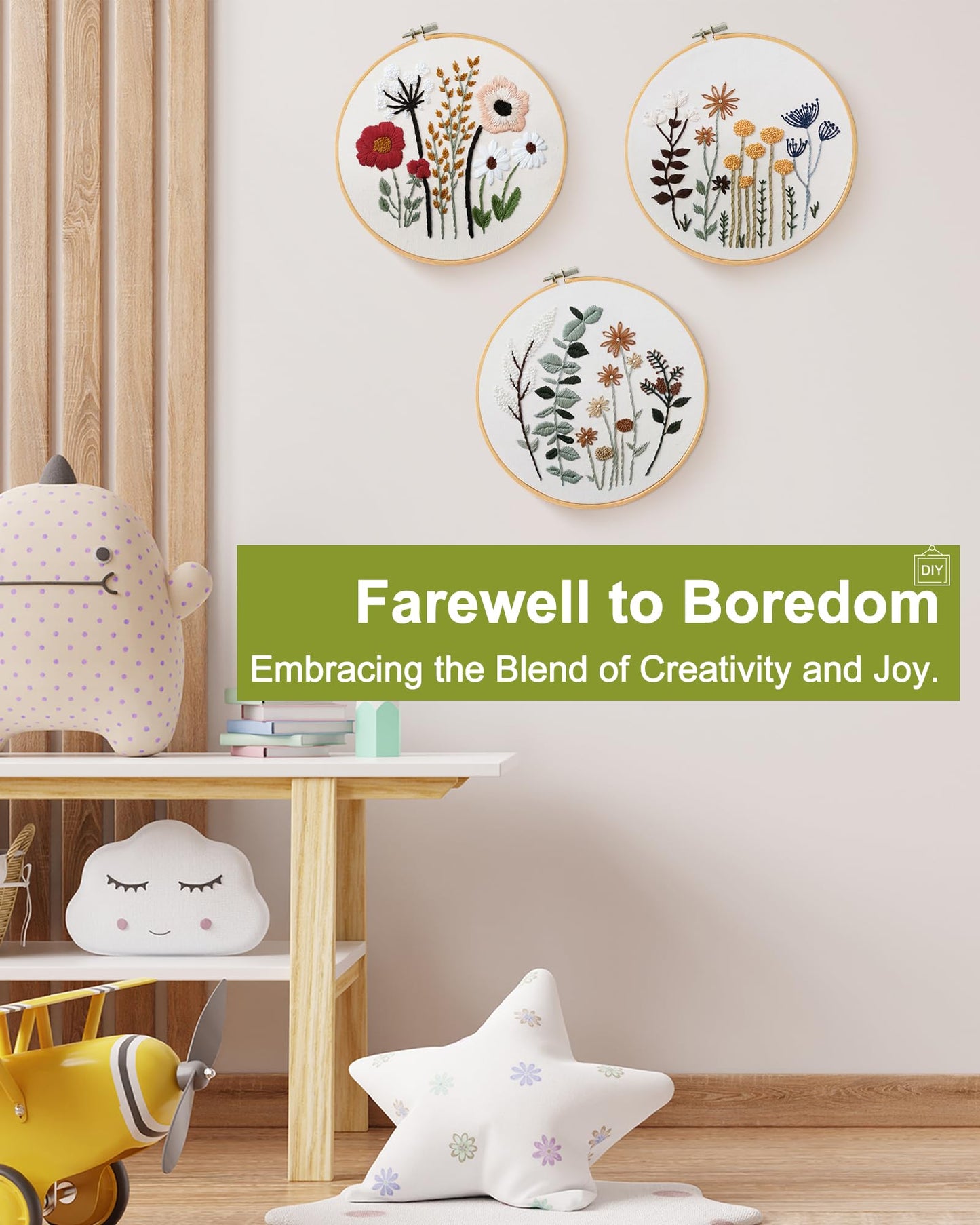 Santune 3 Sets Embroidery Kit,Cross Stitch Kits for Beginners,Needlepoint Kits for Adults with Easy Stamped Floral Pattern Fabric Hand Crafts,Hoop,Needle,Women DIY Hanging Plants,Sewing Hobby