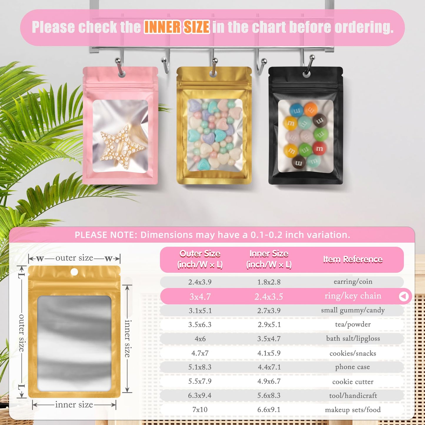 FUNFERY 100 Pack Mylar Resealable Bags Foil Packaging Bags with Clear Window,Zipper Pouch Smell Proof Bag for Food Storage,Cookies,Sample,Small Business(Gold,3x4.7inch)
