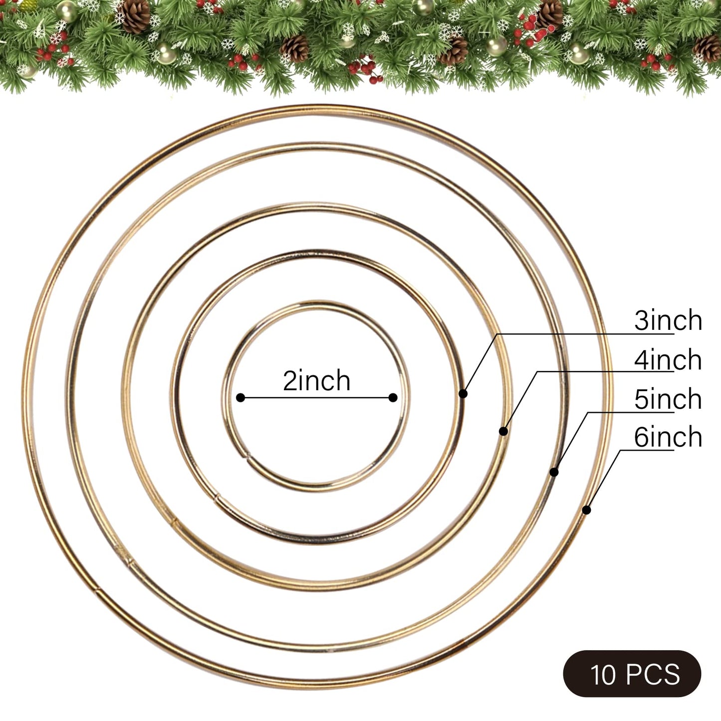 Dream Catcher Rings, 10PCS Wreath Macrame Rings Gold Metal Floral Hoops for Making Wedding Wreath Decor Wall Hanging Crafts, 5 Sizes(2" x2, 3" x2, 4" x2, 5" x2, 6" x2)