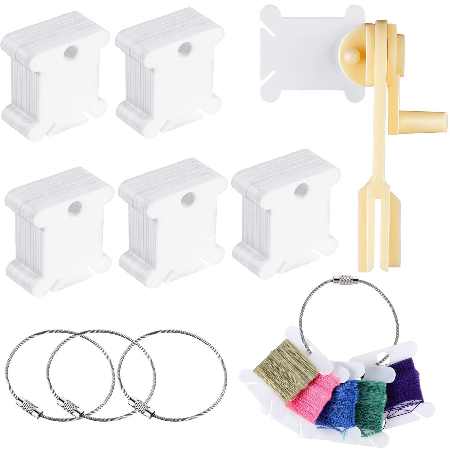 120 Pieces Plastic Floss Bobbins Thread Cards with Floss Twister and 4 Pieces Floss Bobbin Rings for Craft DIY Embroidery Sewing Storage