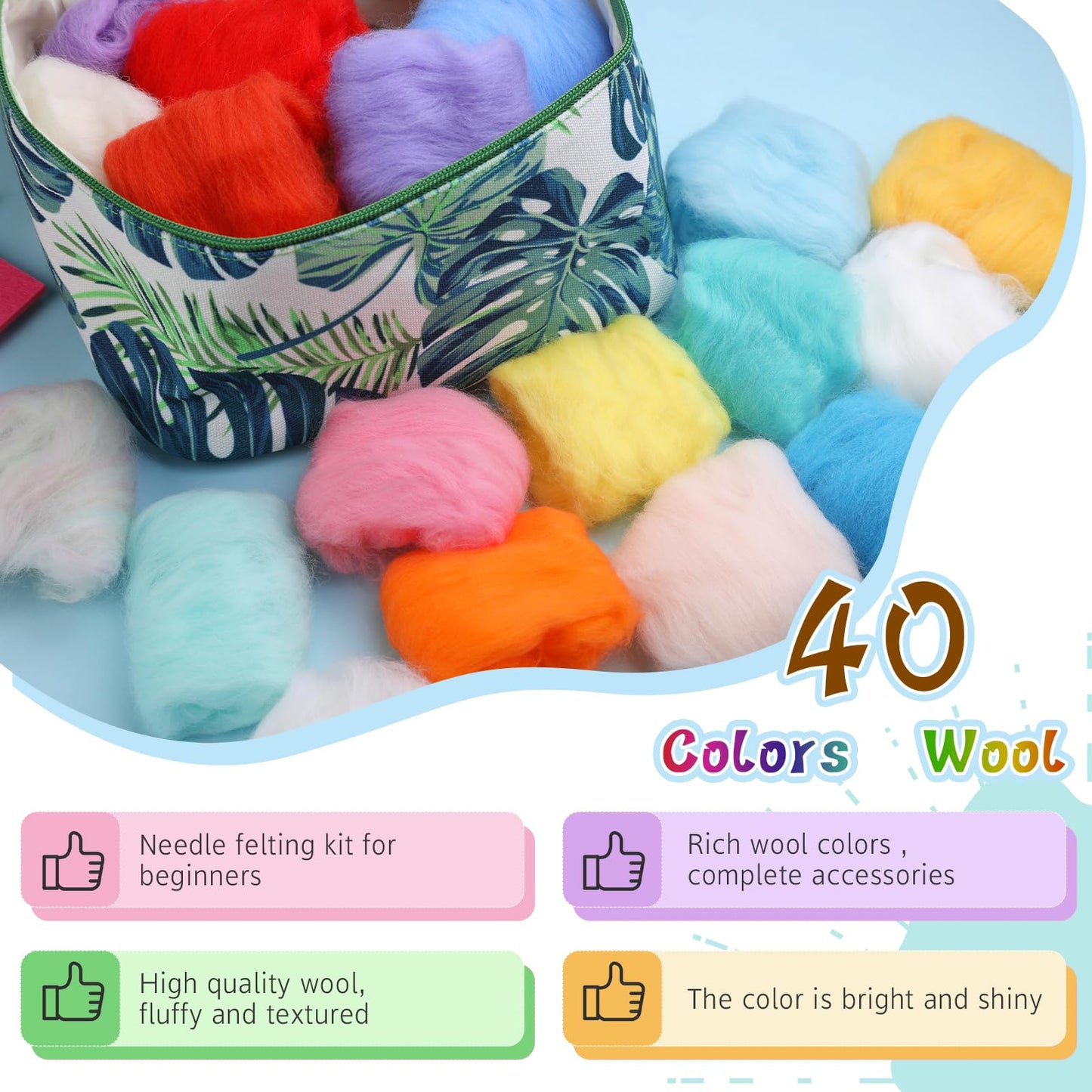 Needle Felting Kit, Wool Roving 40 Colors Set, Needle Felting Starter Kit, Needle Felting Tools Kit with Exquisite Green Storage Bag, Wool Felt Tools for Felted Animal Needle Felting Supplies