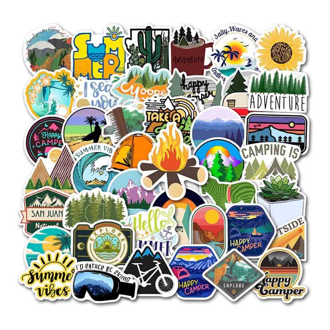 100pcs Outdoor Camping Hiking Adventure Stickers, Wilderness Nature Travel Camper Stickers for Water Bottle Laptop Luggage Cup, Waterproof Summer Camp Stickers Decals for Adults Teens Girls Boys Kids