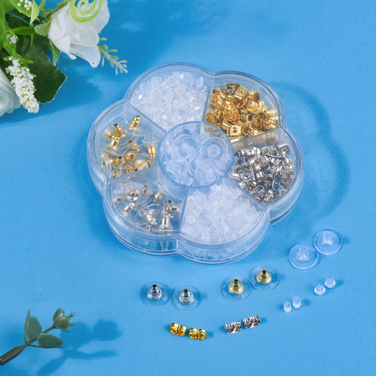 7 Styles Silicone Earring Backs Replacements for Studs/Droopy Ears/Heavy Earring,550Pcs Metal Clear Hypoallergenic Plastic Rubber Backings Clutch Stoppers for Fish Hook Studs Hoops