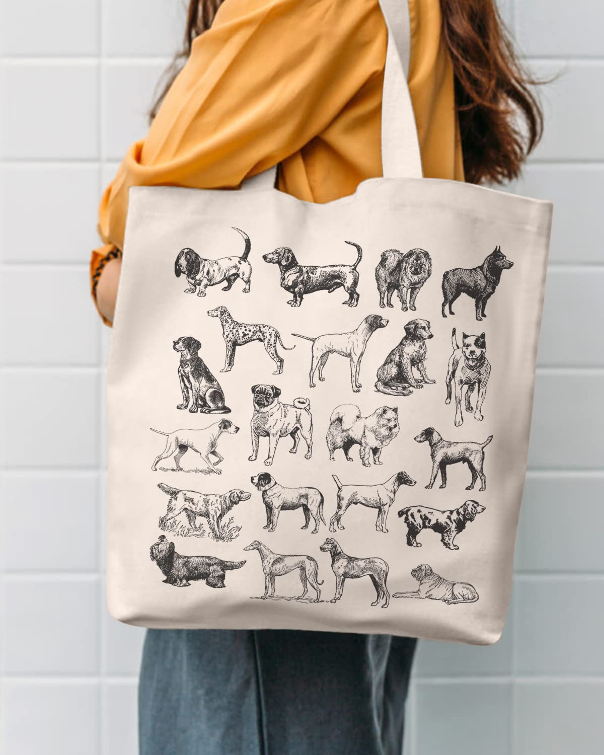 AUSVKAI Canvas Tote Bag Aesthetic for Women, Cute Trendy Dog Hand Drawn Reusable Cloth Cotton Bags with Handle for Grocery College Shopping Beach
