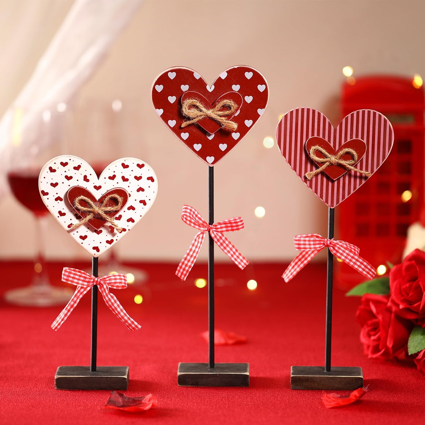 3 Pcs Valentine's Day Decoration Heart Wooden Sign Standing Block Love Christian Tables Centerpieces Valentines Decoration Double Printed Table Sign for Wedding Party Favor Supplies(Classic)