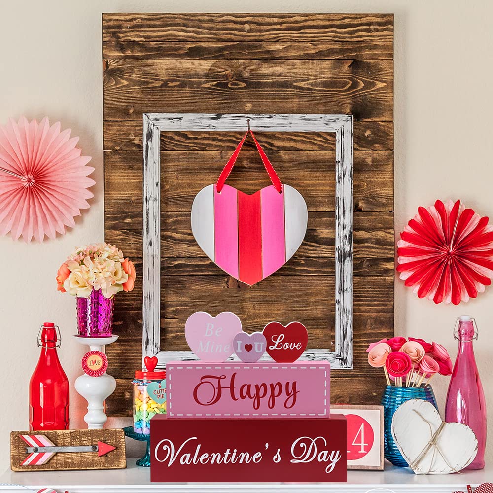 Valentines Day Decor, 3-Layered Pink Red Heart Wood Block Set Valentines Day Decoration, Happy Valentine's Day Sign Valentines Day Decorations for The Home, Living Room, Mantle, Dining Table