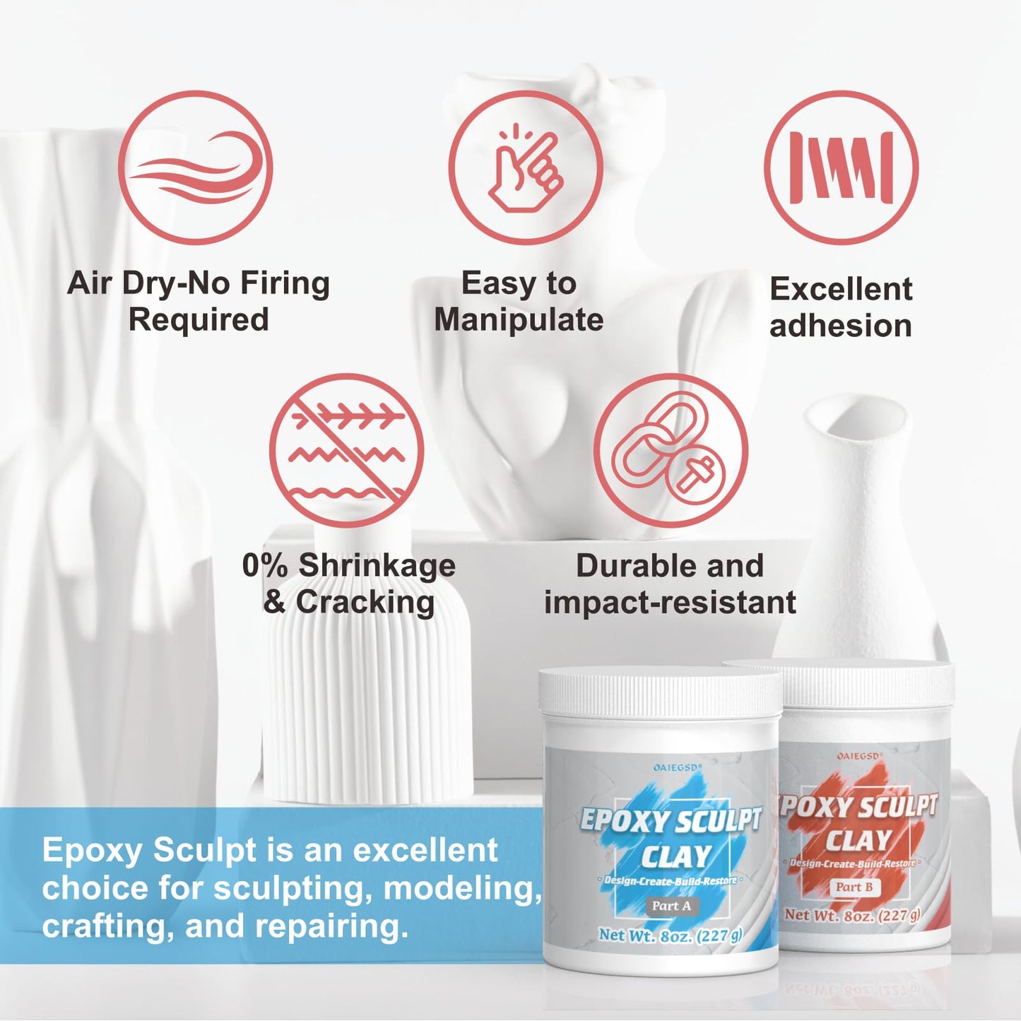 1 Pound Natural Epoxy Putty Sculpt Clay, 2 Part (A & B) Air Dry Clay Plaster Mold for Sculpting, Modeling, Building, Repairing, Self-Hardening Epoxy Clay Easily Repairs Metal, Wood, Tile, Ceramics