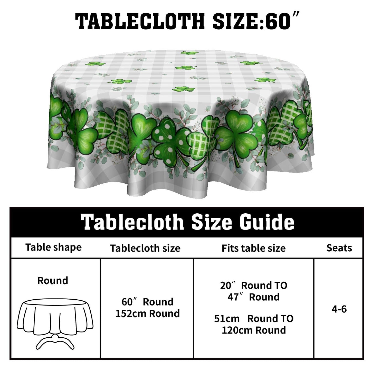 St. Patrick's Day Tablecloth 60x60 Inch Round Buffalo Plaid Shamrock Eucalyptus Table Cloths Spring Irish Dust-Proof Spill Proof Table Covers for Farmhouse Holiday Party Dining Kitchen Tabletop Decor
