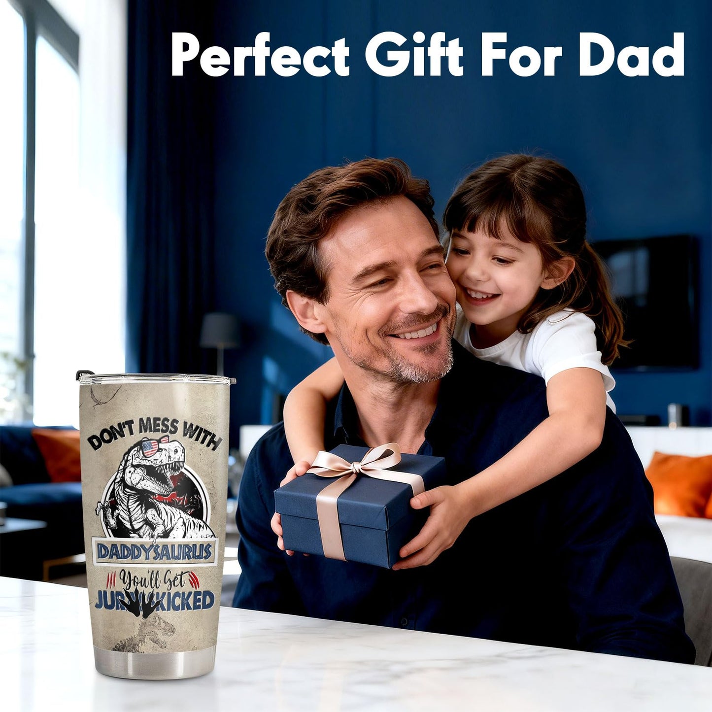 34HD Fathers Day Dad Gifts from Daughter, Dinosaur Dadasaurus Insulated Travel Cup, Don't Mess With Daddysaurus 20oz Tumbler, Funny Jurasskicked Present for Husband & Daddy Papa Stepdad