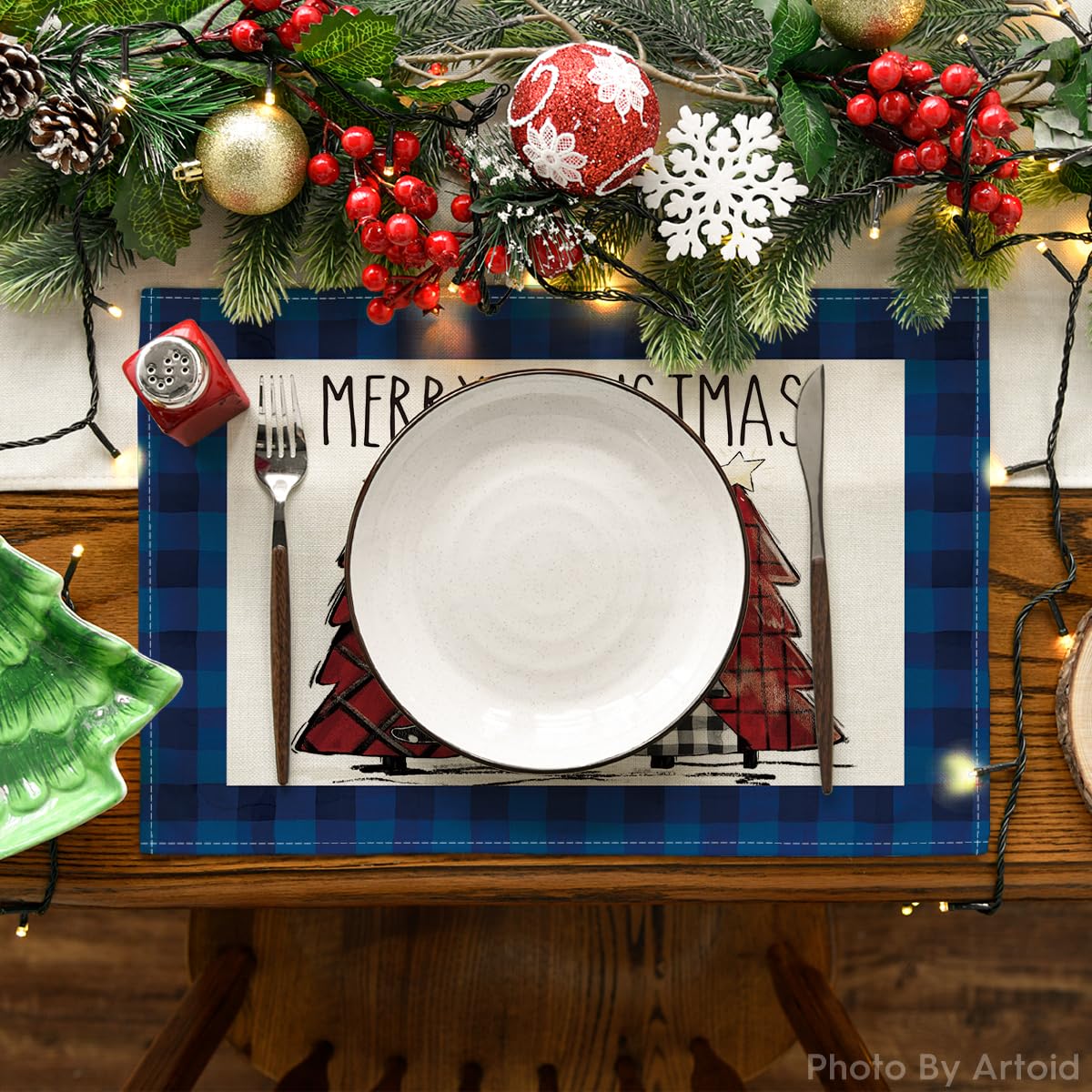 Artoid Mode Blue Waterclor Buffalo Plaid Christmas Trees Placemats Set of 6, 12x18 Inch Winter Table Mats for Outdoor Home Party Kitchen Dining Decor
