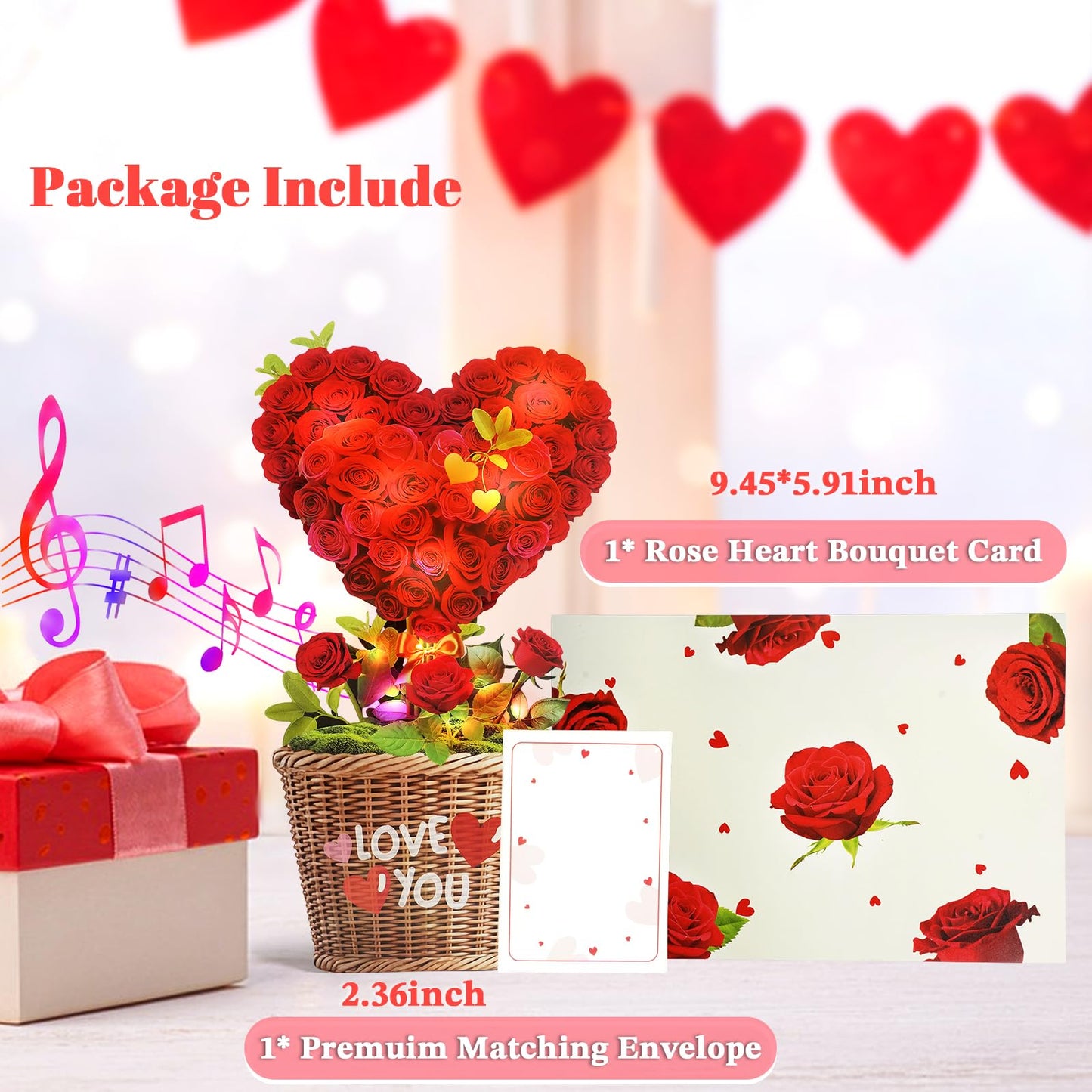 MZD8391 Mothers Day Card with MUSIC & LIGHTS, 3D Pop Up Birthday Card & Anniversary Card, Love Tree Hearts, 10 Inch Life Sized Forever Bouquet Mothers Day Gift for Women Her Wife Mom