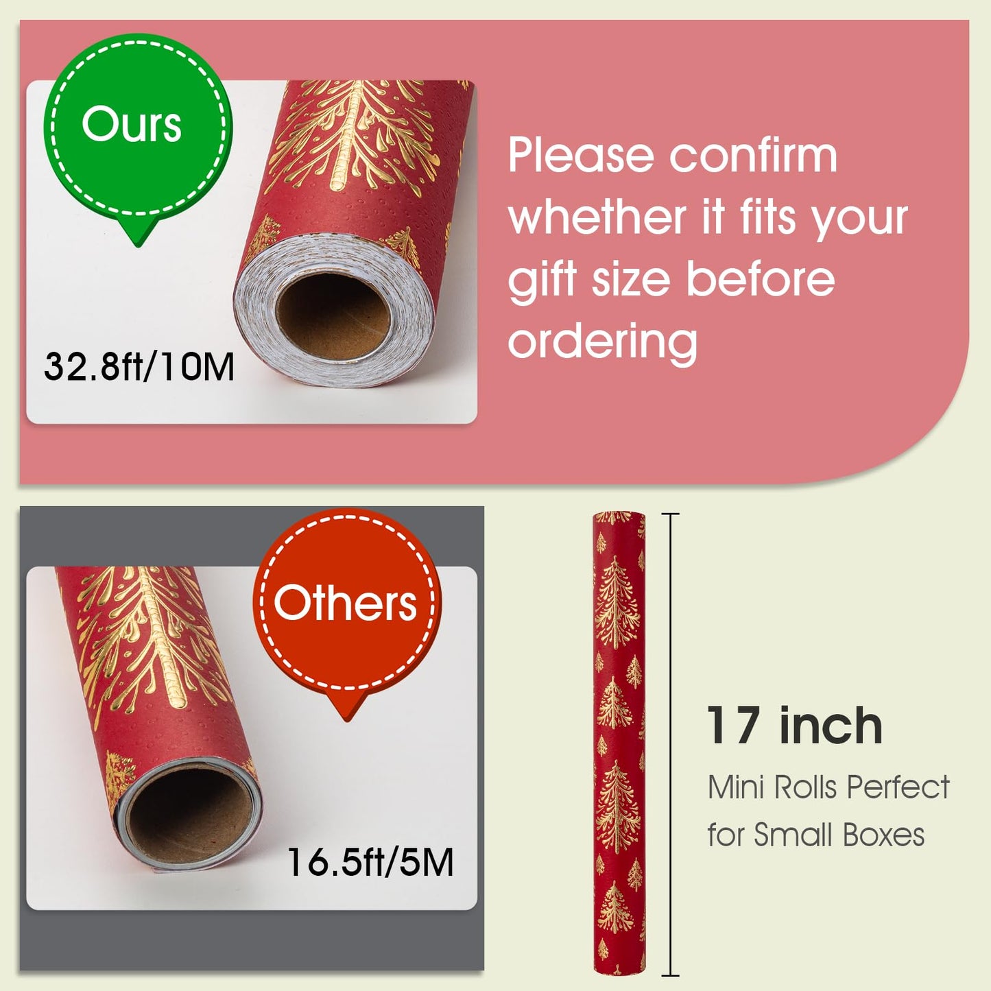 Kraft Christmas Wrapping Paper,Red and Gold 3D Embossed Foil Christmas Trees with Woodlands Wrap Paper for Holiday, Party,Celebration, New Year (17 Inch X 32.8 Feet)