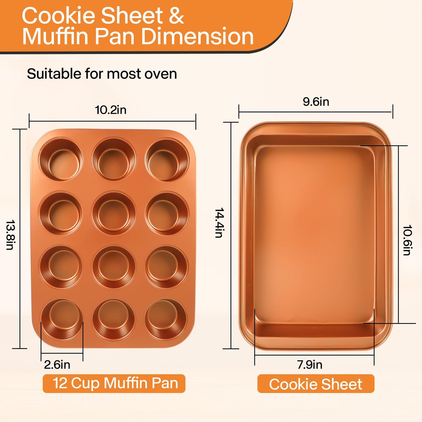 Barlket Baking Pans Set 6-Pieces, Non Stick Bakeware Set Stackable, with Cookie Sheet, Muffin, Round/Square Cake Pan, Loaf Pan, Rack, Oven Mitt for Home Baker, Gold