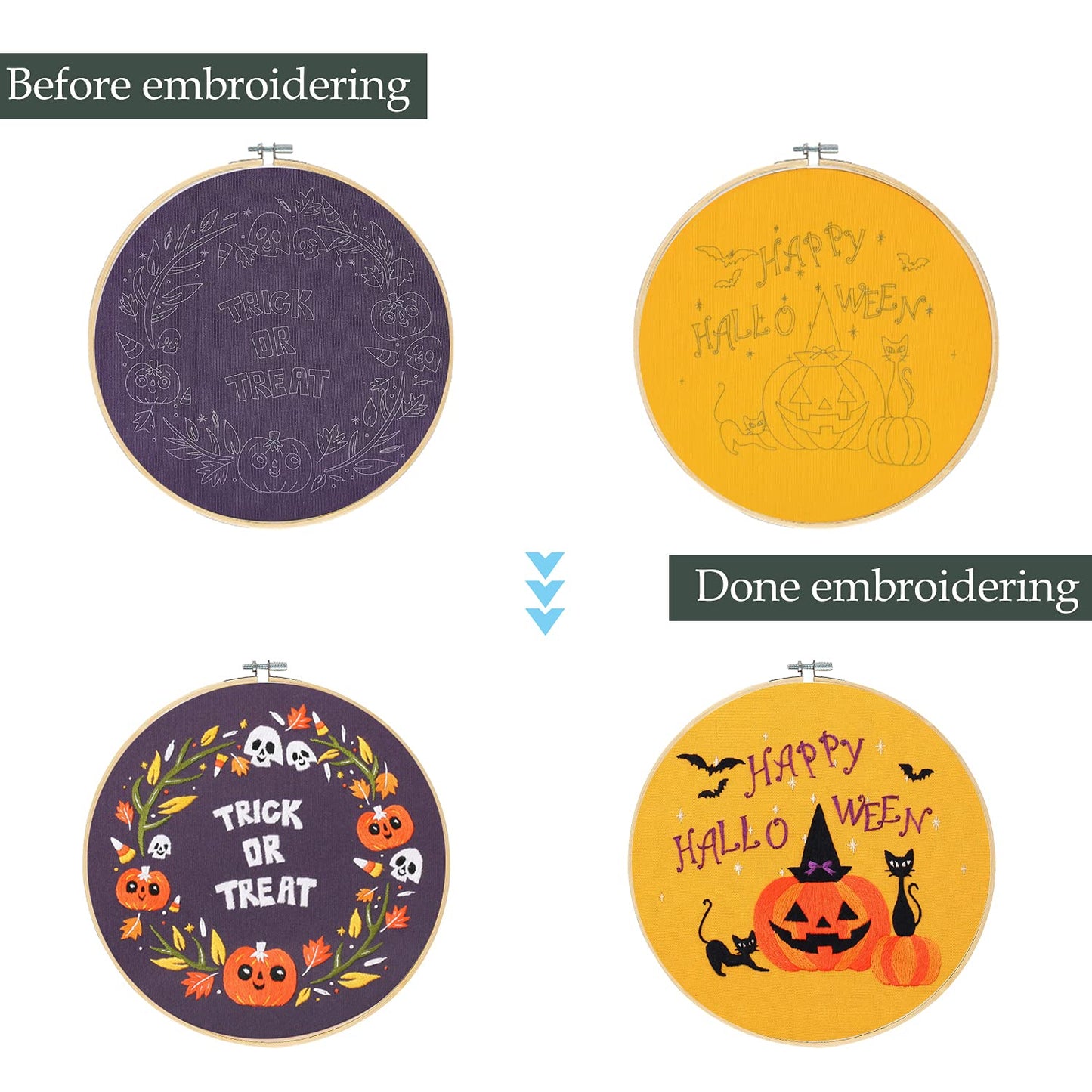 Santune 4-Pack Halloween Embroidery Kit Cross Stitch Kits for Beginners DIY Needlepoint Kit with 4 Embroidery Clothes Featuring Pumpkin Patterns,2 Hoops,Color Threads,Needles