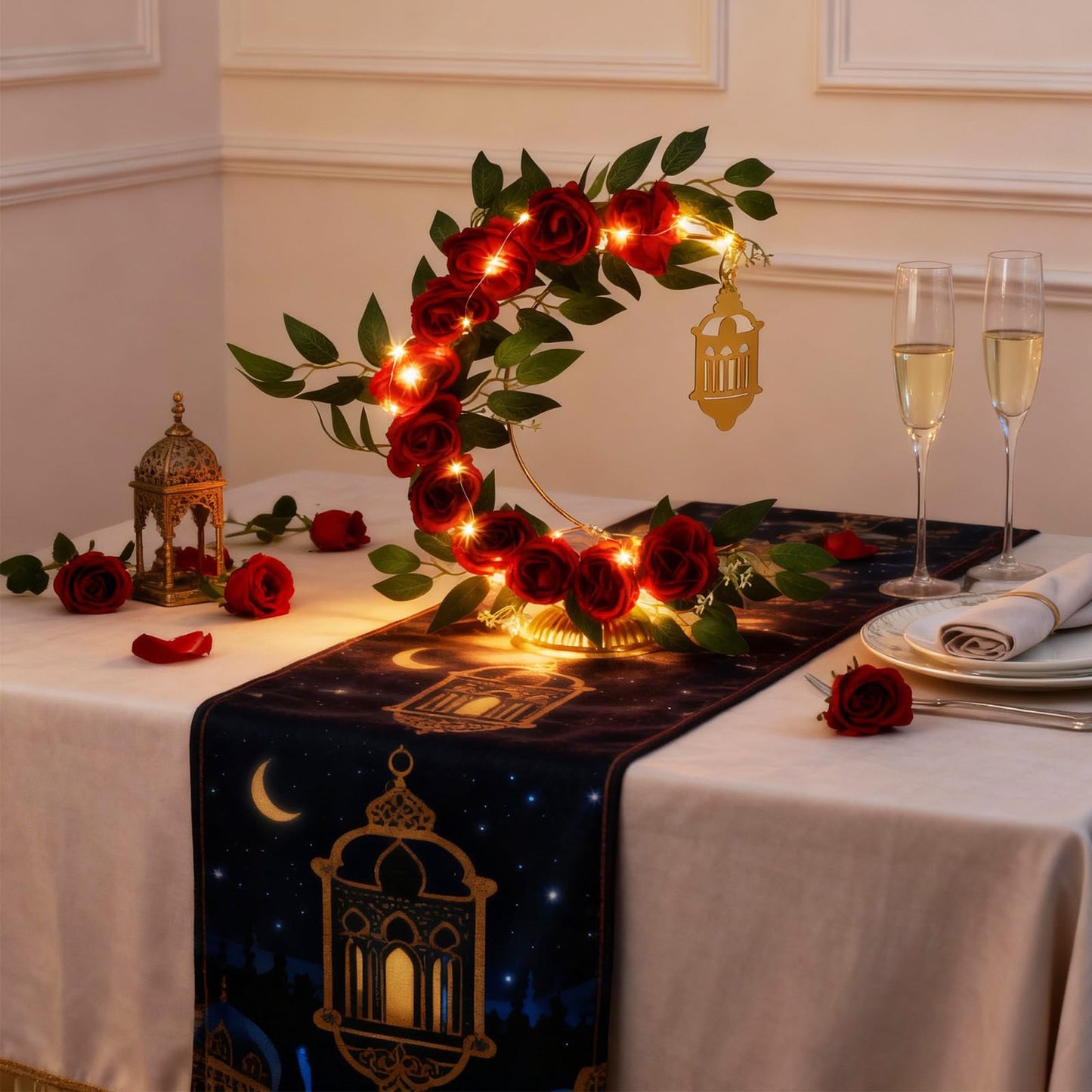 Ramadan Decorations Eid Mubarak Table Decor Lighted Moon Shaped Wreaths with Castle for Fireplace Office Bedroom Party Supplies Muslim Party Tabletop Decor Home (Rose)