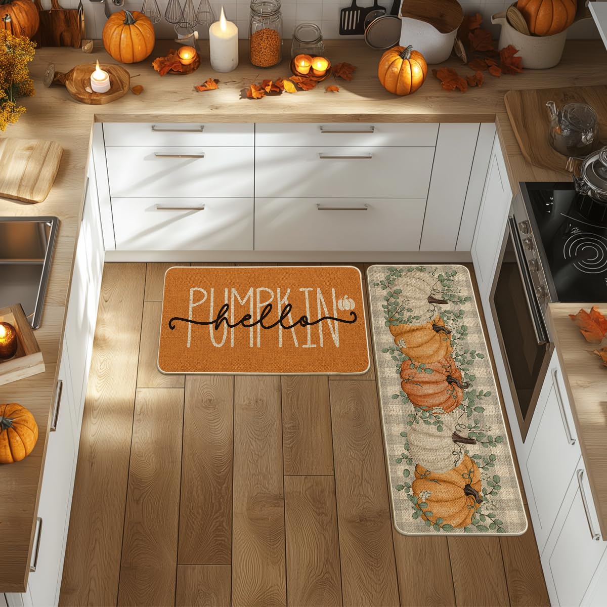 Artoid Mode Orange Buffalo Plaid Hello Pumpkin Eucalyptus Fall Kitchen Mats Set of 2, Home Decor Low-Profile Kitchen Rugs for Floor - 17x29 and 17x47 Inch