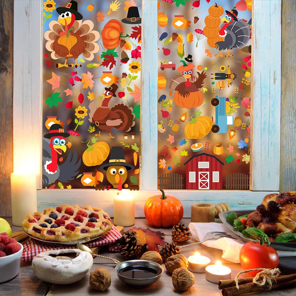 DUILE 350pc Thanksgiving Window Clings Fall Window Clings Fall Window Decor for Offices Autumn Window Clings Leaves Home School Office Thanksgiving Party Decorations Supplies
