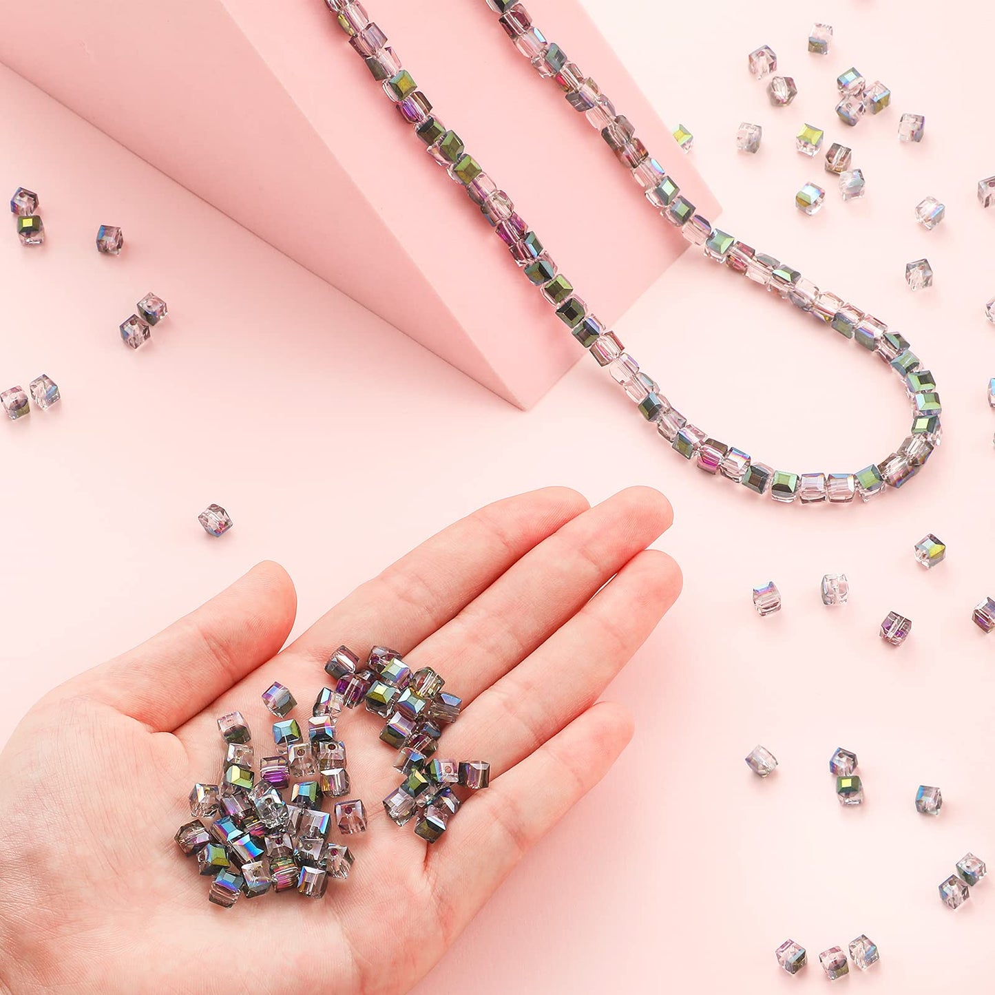 200 Pieces Austrian Crystal Cube Beads Green and Pink Square Glass Bead Quartz Loose Seed Beads DIY Bracelet Crystal Beads for Jewelry Making Bracelet Rainbow Necklace Art Crafts (0.24 Inch)