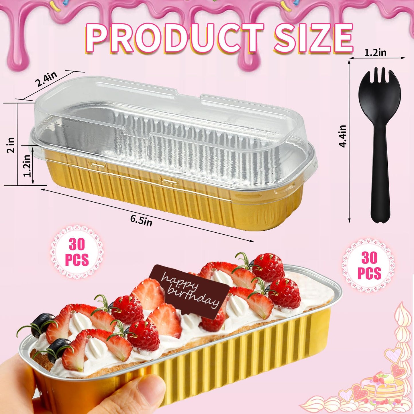FFNIU 60Pcs Mini Loaf Pans with Lids and Spoons, Aluminum Foil Baking Pans, Rectangle Mini Cake Pan, Brownie Baking Cups for Picnics Party (Gold)