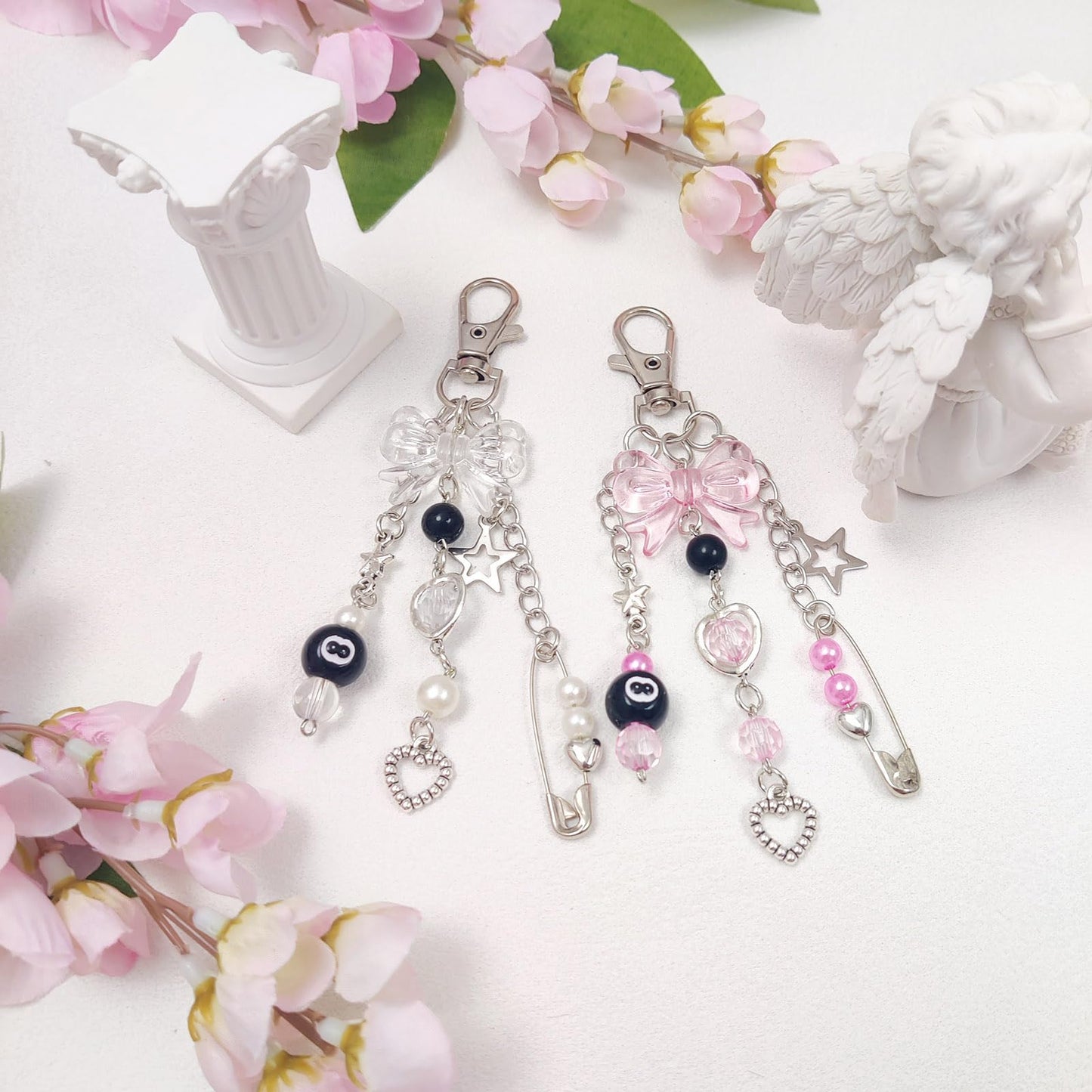cioatu Y2K Aesthetic Keychains for Women Cute Flowers Star Cake Jellyfish Keychins Charms Kawaii Bag Purse Decor (Pink & Clear Bow)