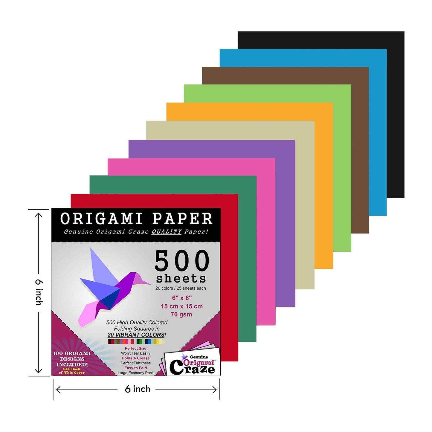 Origami Paper 500 Sheets Premium Quality for Arts and Crafts 6" Square Sheets 20 Vibrant Colours Same Colour on Both Sides 100 Design Ebook Included (See Back of Cover for Download info)
