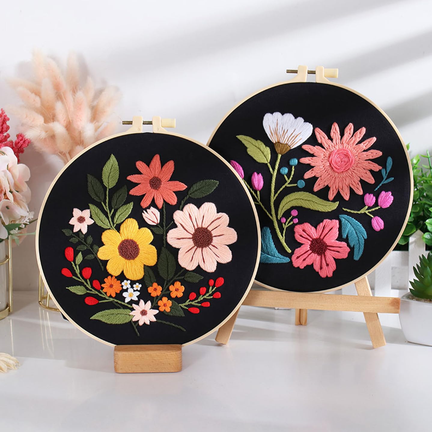 3 Sets Flowers Embroidery Kits for Beginners,Cross Stitch Kit for Adults,Crewel Starters Needlepoint with Floral Pattern,Hoop,Threads and Instruction