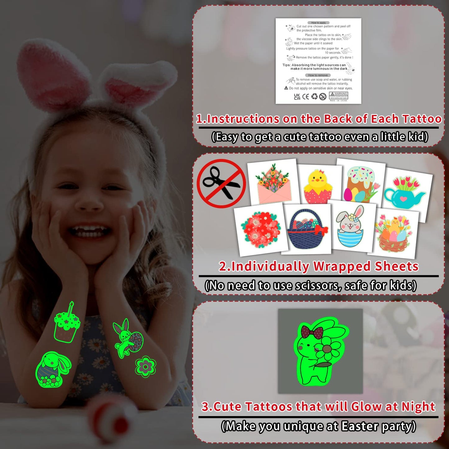 204 Styles Glow Easter Kids Temporary Tattoos for Easter Basket Stuffers, Individually Wrapped Sheets Easter Tattoo Stickers for Boys Girls Party Favors, Easter Egg Hunt Games Essentials