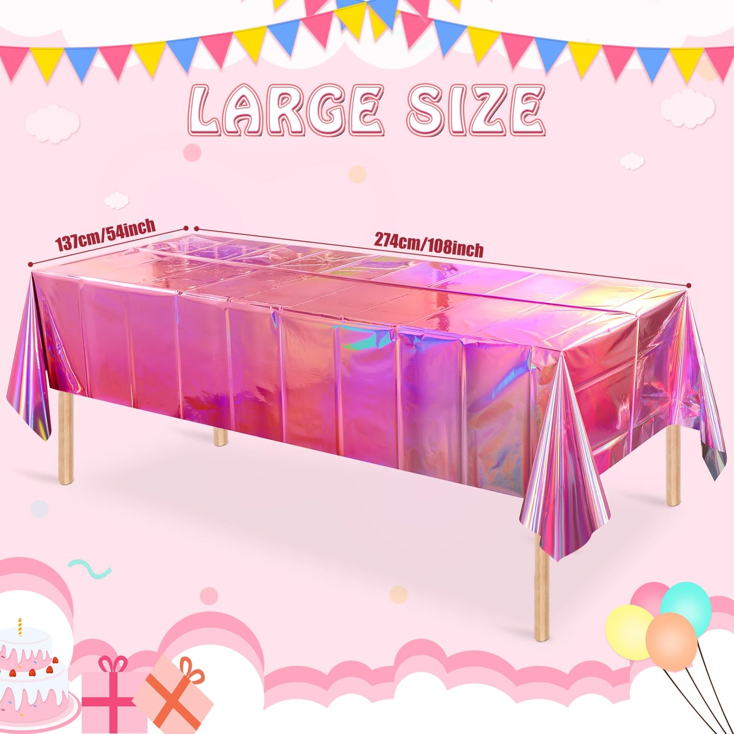 4 Pack Iridescent Pink Plastic Tablecloths, FunnyPars Shiny Disposable Laser Rectangle Table Covers, Holographic Foil Tablecloth Iridescent Party Decorations for Birthday Wedding Christmas, 54x108Inch